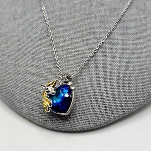 Unicorn (Gold & Silvertone) Heart Pendant Necklace Blue & Silver 18" Silvertone